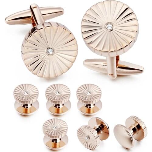 HAWSON Trendy Cufflinks and Studs Set for Men Rose Gold Flower Pattern Crystal Cufflinks Tuxudo Shirt Studs Wedding Accessories