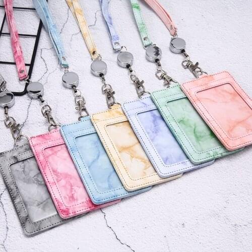 Fashion Leather Badge Holder Business Card Case for Women Marble Style Designer Luxury ID Card Holders with Retractable Lanyard