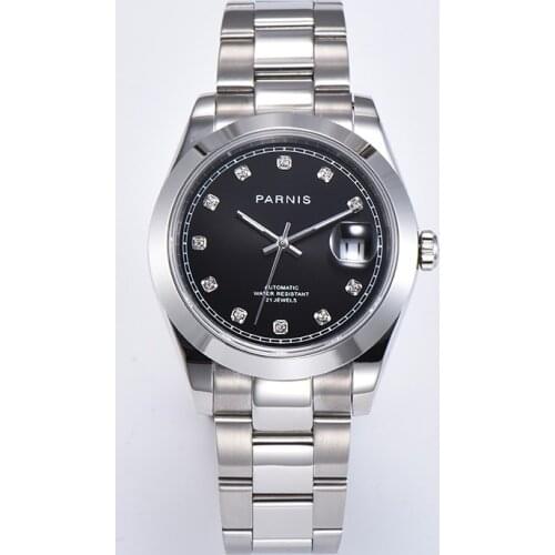 39mm parnis black dial sapphire glass date miyota 8215 automatic movement mens watch