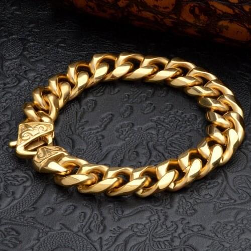 Granny Chic 13/15mm Mens Heavy Solid Stainless Steel Curb Chain Bracelet Fashion Jewelry Gold Men Bracelet