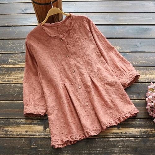 7657 New Summer Women Blouse Mori Girl Casual Literary Cotton Embroidery Three Quarter Sleeve Ruffle Collar Tops Women