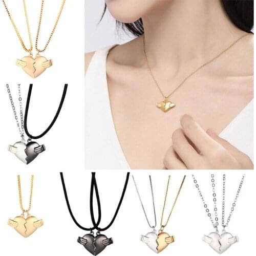 2Pcs Magnetic Couple Necklace Lovers Break Heart Pendant Long Distance Relationship Charm Necklace Valentines Day Gift