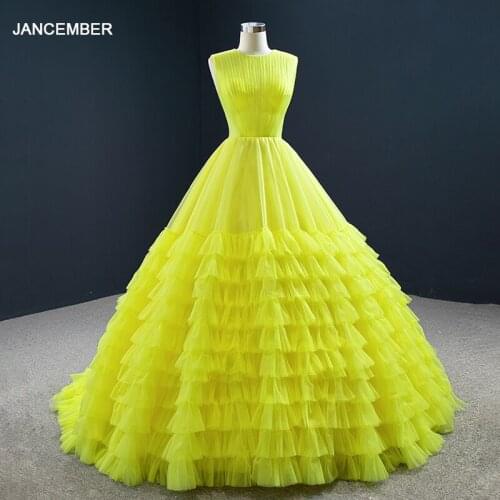 RSM67158 Yellow Sexy Transparent Tulle Frill Layer Column Dinner Party Dress 2021 Back Lace-up Design Evening Gown