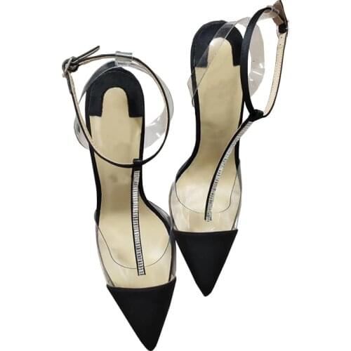 New Pointy Toe Bling Crystal T-Strap PVC Satin Suede Cloth Patchwork Women High Heels Sandals Shoes