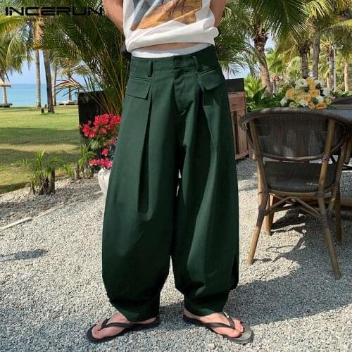 INCERUN Men Wide Leg Pants Joggers Loose Solid Color Streetwear Lantern Trousers Men 2021 Vintage Casual Pantalones Hombre S-5XL