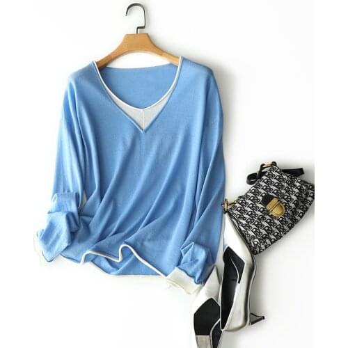 SHUCHAN Women Clothes 2021 Korean Fashion V-Neck 100% Cashmere Patchwork Free Shipping Items Clothes for Women