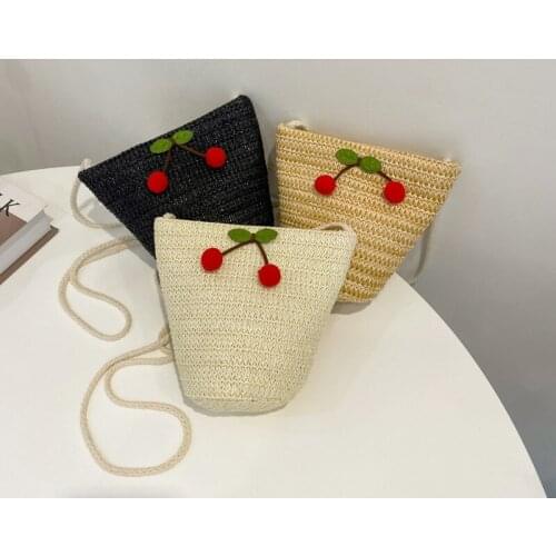 Cherry Weave Shoulder Straw Bag For Women Retro Fashion Mini Crossbody Bag And Purses Ladies Simple Bucket Messenger Bag