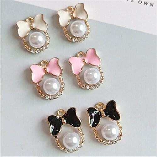 10Pcs Rhinestone Enamels Pearl Bow Alloy Earring Charms DIY Handmade Making Hair Necklace Jewelry Pendant Material Accessories