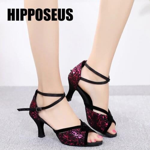 Ballroom Dance Shoes Women Latin Tango Salsa Modern Dance Shoes High Heel Girls Soft Satin Dancing Shoes for Ladies BlackRed