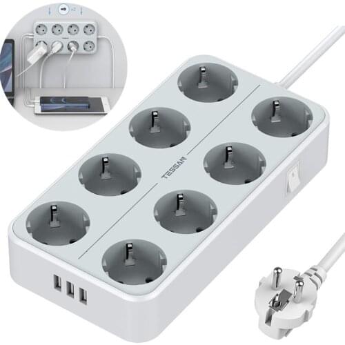 TESSAN Universal Electrical Socket EU Plug Smart Extension Power Strip Overload Protector Switch 4 6 8 AC with 3 USB 2M Cable