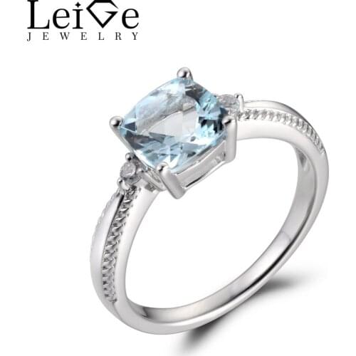 Leige Jewelry Blue Natural Aquamarine Gemstone Cushion Cut Prong Setting Engagement Carve Ring March Birthstone 925 Silver