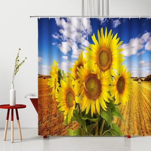 Sunflower Idyllic Scenery Shower Curtain Sunlight Fence Waterproof Polyester Fabric Bath Accessories Machine Washable
