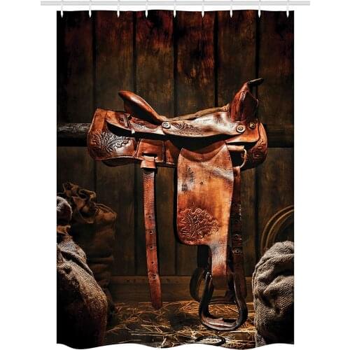 Western Stall Shower Curtain American West Traditional Authentic Style Rodeo Cowboy Saddle Wood Ranch Barn Image