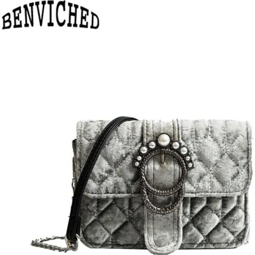 BENVICHED 2021 new velvet pearl small square package women fashion temperament shoulder bag leisure wild Messenger bag R535