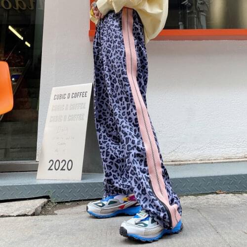 Lady Leopard Patchwork Contrast Color Cute Elastic Waist Zippers Pant Y2k Girl Harajuku Wide Leg Pants Korean Fashion Clothes