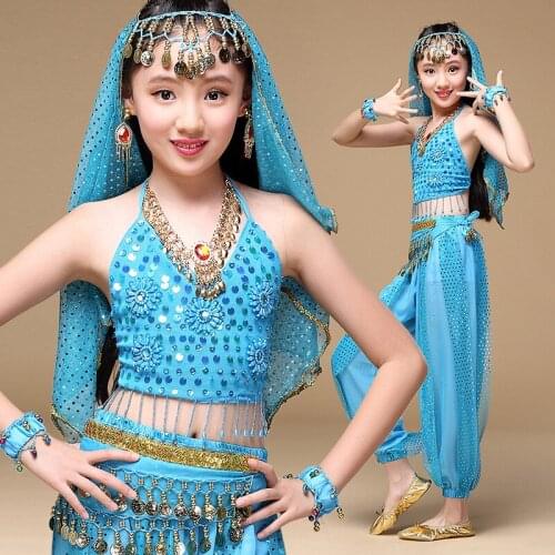 Girl Sari Children Indian Dance 5-piece Girls Costume Set (Top, Belt, Pants and Head Pieces) Bollywood Dance Costumes