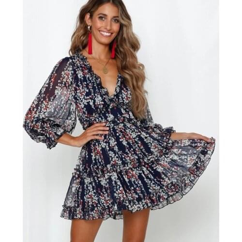 AYUALIN Deep V neck Sexy Backless Mini dress women vintage chiffon floral print short summer play Dresses Boho ruffles Robe 2021