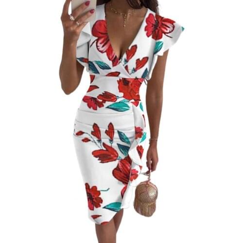 Women Dress Flower Printing Deep-V Cloth Ruffled Hem Decor Fashion Summer Comfortable Sleeveless Slim Elegante Midi Dress