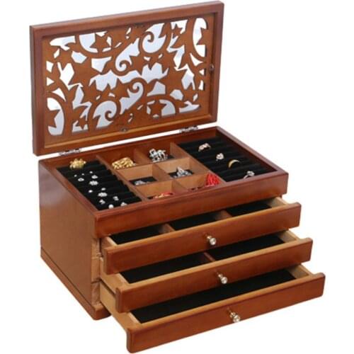 40%HOT 2/4 Layers Retro Wooden Drawer Ring Earring Jewelry Box Makeup Case Organizer