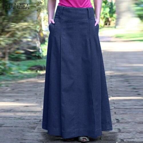Oversize Summer Denim Blue Long Skirts ZANZEA Women Vintage High Waist Skirt Faldas Saia Femme Robe Solid Maxi Vestido Jupe