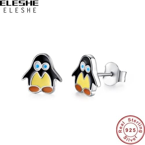 ELESHE Wholesale Real 925 Sterling Silver with Enamel Penguin Stud Earring For Women Making Jewelry Wedding Engagement Gift