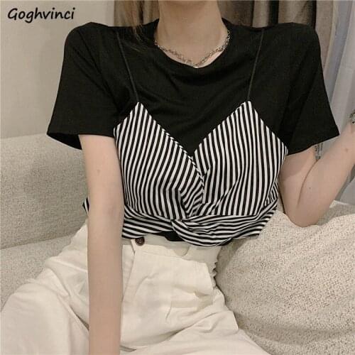 Short Sleeve T-Shirts Women Patchwork Summer Hot Tops Baggy All-match Simple Daily Sweet Girls Fresh Preppy Style Vintage Chic