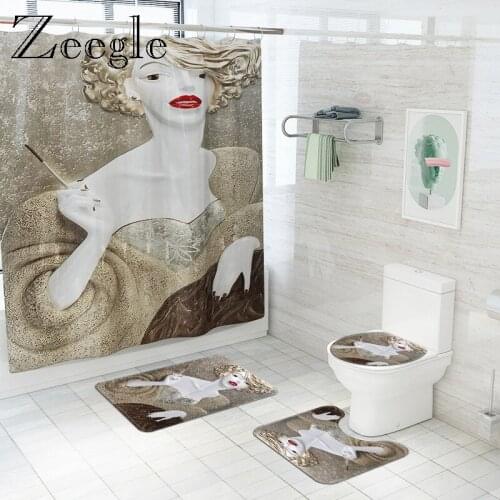 Printed Bath Mat and Waterproof Shower Curtain Set Absorbent Bathroom Carpet Rug Toilet Seat Cover Mat and Shower Floor Rug Set