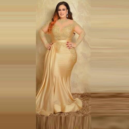 Plus Size Gold Mermaid Evening Dresses Sheer Neck Long Sleeves Lace Appliques Side Train African Prom Dress Aso Ebi Party Gown