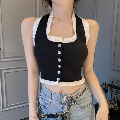 Sumemr New Women Tank Tops Patchwork Lace Casual Short Camisole Female Sleeveless Low-cut Backless Cotton Slim Thin Halter Tops