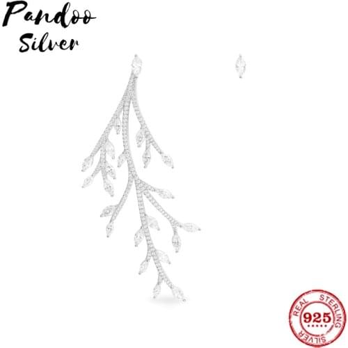 Pandoo Fashion Charm Sterling Silver Original 1:1 Copy,Asymmetric Statement Leaf Earrings Luxury Jewelry Gift For Female