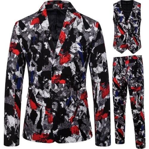 2019 Men Thin Casual Blazers Sets Wedding Suit + Vest + Pants 3 Pieces Slim Sets Print Wedding Party Suit Sets Large Size