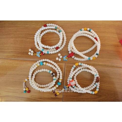 NK142 Tibetan Buddism 108 White Bodhi Seeds Prayer Beads Mala Necklace 7MM*9MM Beads Colorful Spacers Beads Tibetan Rosary