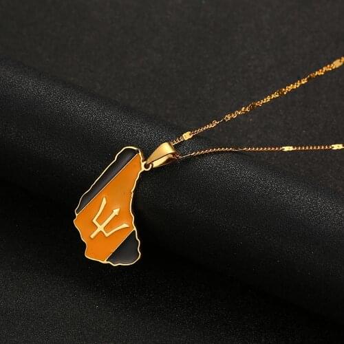 Stainless Steel Enamel Gold Color Barbados Island Map Flag Pendant Necklaces Barbados Maps Jewelry