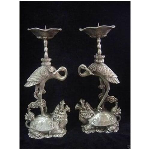 A Pair of Elaborate Chinese Tibetan Silver Candlestick Carved with Turtle Crane Statue