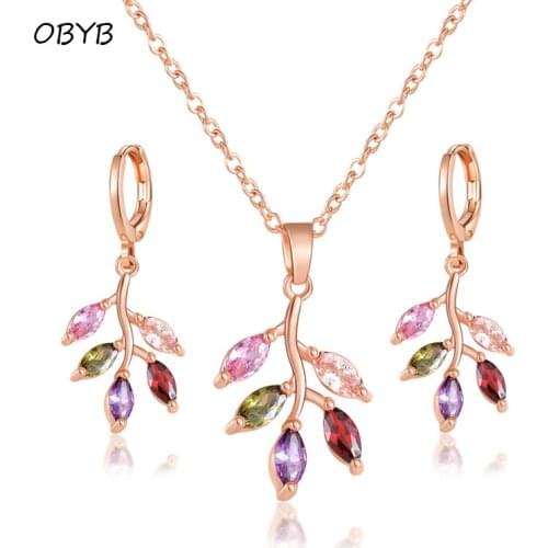 Luxury Leaf Shape Necklace Earring Jewelry Sets For Women Wedding Colorful Cubic Zircon Bride Drop Earrings Necklace Jewellery