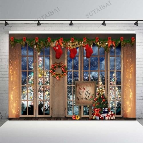 Merry Christmas Backdrop Photography Window View Winter Snow Christmas Tree Green Garland Xmas Decorations Photo Background