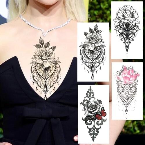 Sexy Rose Flower Temporary Tattoo For Women Adult Unique Buddha Lotus Fake Tattoos Black Henna Lace Waterproof Body Chest Sleeve