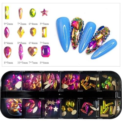Y1UF 12 Grids Glass Nail Art Decorations Multi-Shape for Nails Ornaments Manicure Tips Decor DIY Crafts Accessories
