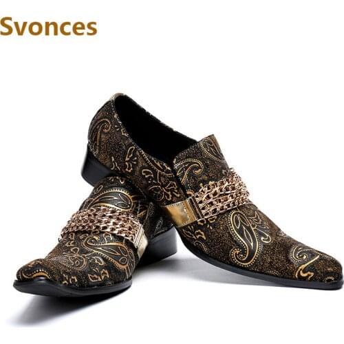 Genuine Leather Dressing Shoes Man Fashion Printing Gold Chain Pointed Toe Gentleman Flats Casual Party Laofers Mens Shoes New