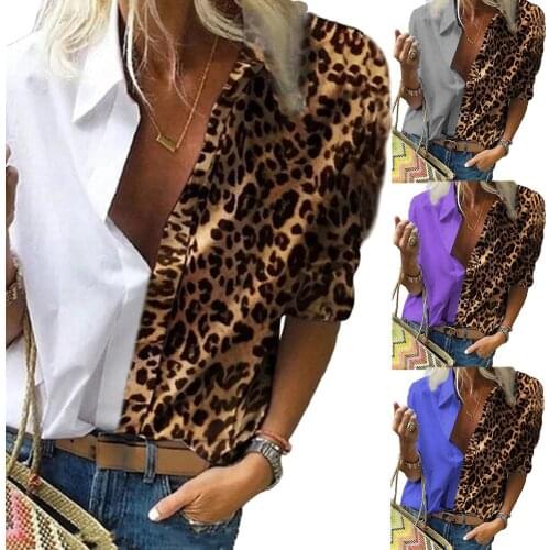 2020 Office Lady Long Sleeve Leopard Patchwork Color Block Shirt Women Chiffon Blouse Womens Clothing блузка женская ropa mujer