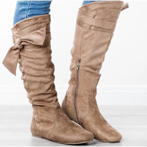 Spring Long flat bow womens boots Women Thigh High Heels Boots Fashion Suede Leather Autumn Female Over The Knee Boots Woman