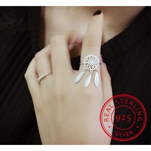 925 Sterling Silver Rings For Women Dreamcatcher Feather Tassel Resizable Rings Fine Jewelry Bague Anillos Wedding Party Gift