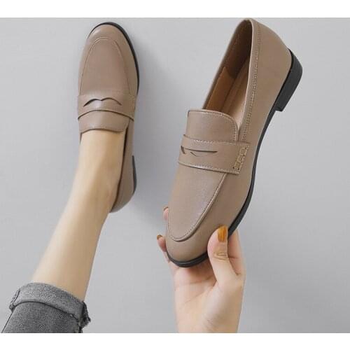 2020 new women oxford shoes chunky heels slip on round toe all-match women leather shoes
