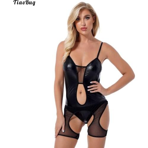 TiaoBug Women Patent Leather See-Through Mesh Bodysuit Lingerie Adjustable Shoulder Straps Catsuit With Cutout Shorts Clubwear