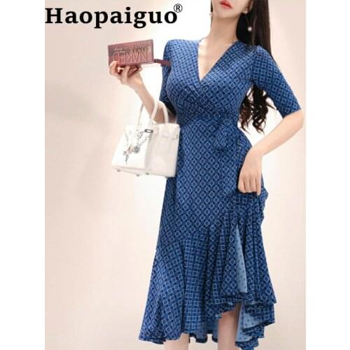 Corset Blue Evening Party Dress for Women Half Sleeve Ruffles Casual Women Clothes 2019 Print Plaid Robe Longue Femme Jurken