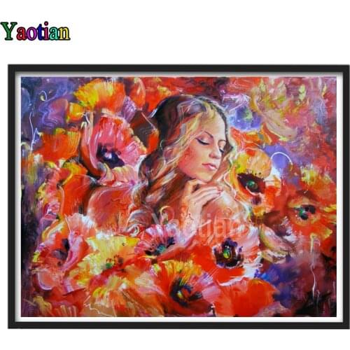 Yaotian 5D Diamond Painting Abstract girl with poppies Full Drill Square Cross Stitch Sale Diamond Embroidery Home Decor