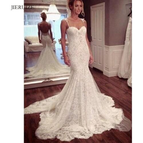 JIERUIZE White Lace Mermaid Wedding Dresses Sweetheart Spaghetti Straps Backless Bride Dresses Wedding Gowns
