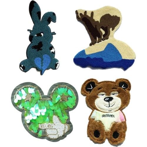 Large Piece Sewing Patch Fashion Lovely Towel Embroidery Bear Rabbit Hand Sewing Beads Mouse Badge Clothing T-shirt DIY