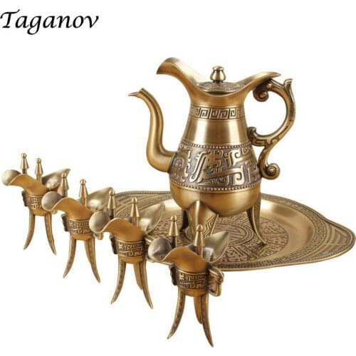 Bronze wine set flagon hip flask Chinese antique pot 4 goblets wine bottle tray Six-piece wine bar set family friends best gifts