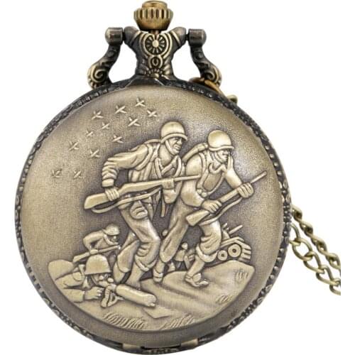 Retro Antique Bronze Soldiers Design Quartz Pocket Watch Sweater Necklace Chain Military Army Pendant Souvenir Pocket Clock Gift